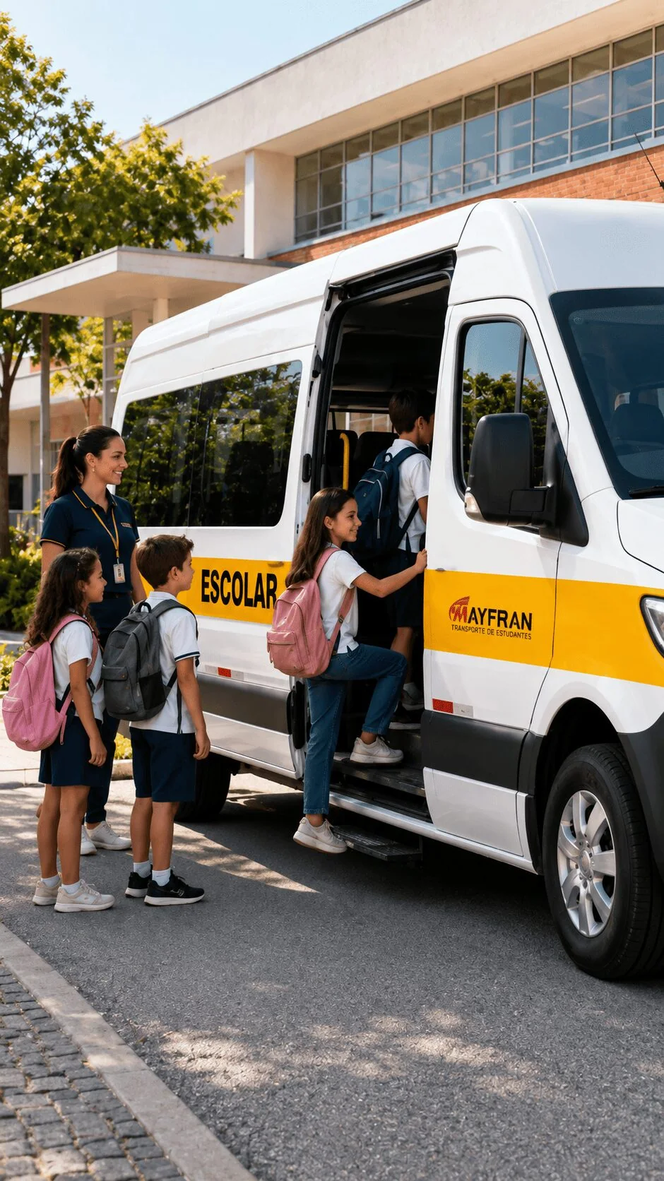 Alunos embarcando em veículo de transporte escolar